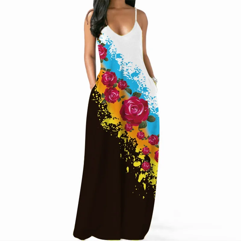 Fashion Vintage Floral Print Sexy Backless Loose Sling Long Dresses Summer Sleeveless Party Beach Maxi Dress Casual Sundress