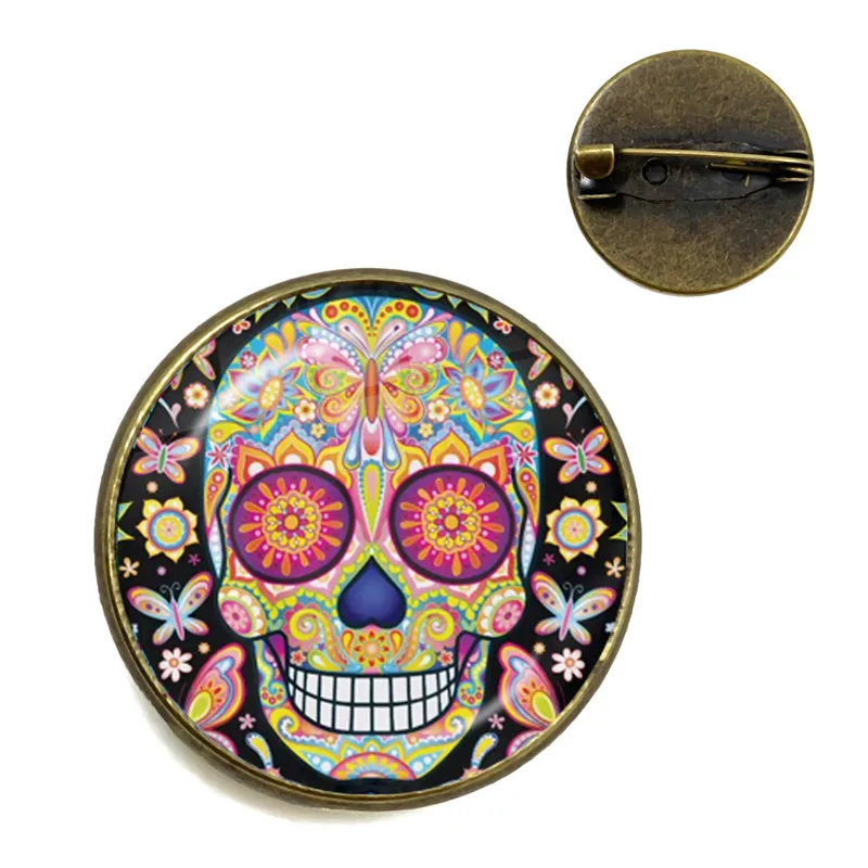 Mexican Sugar Skull Brooches Day of the Dead Jewelry Punk Colorful Printed Glass Dome Cabochon Lapel Pins Halloween Gift