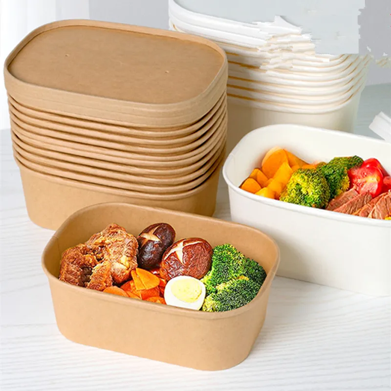 

10pcs Disposable kraft paper square lunch box thickened takeaway packaging boxes food fruit salad container cup with lid 500ML