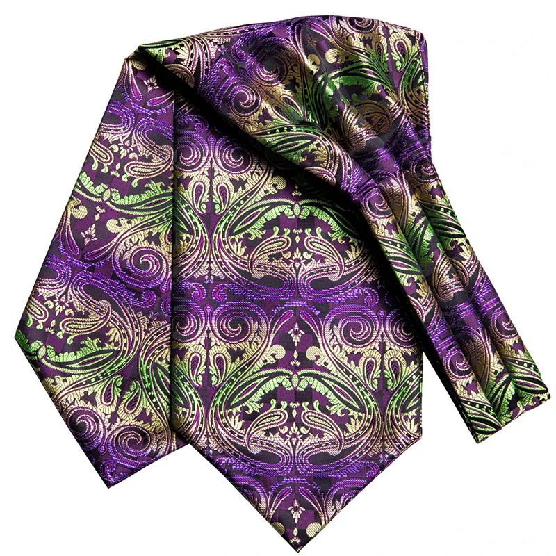 Hi-Tie Luxury Paisley Cravat for Men Purple Green Pocket Square Cufflinks Ascot Scarf Tie New Men\'s Casual Ascot Cravat Tie Set