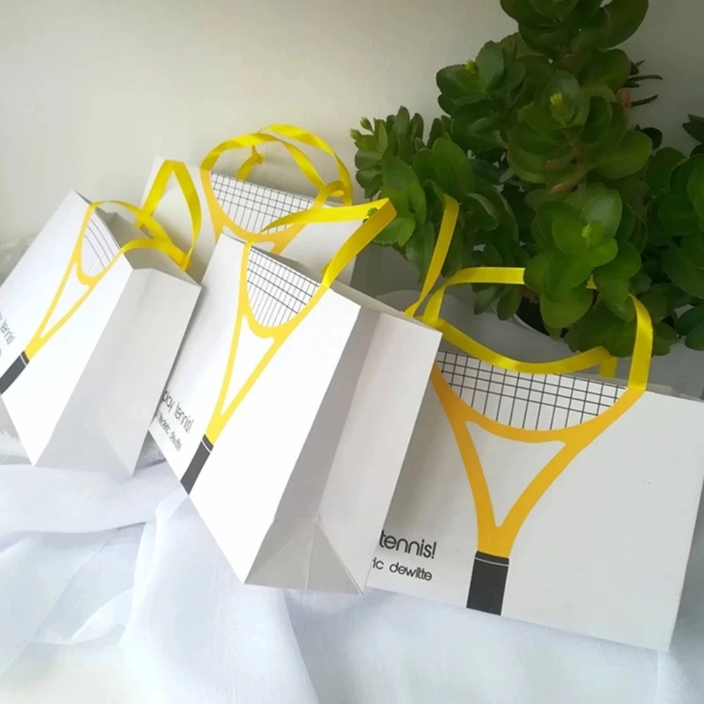 Personalized Paper Bags with Logo tennis and yellow satin ribbon 20*14*7 cm Custom party small Paper Bag for business gift,