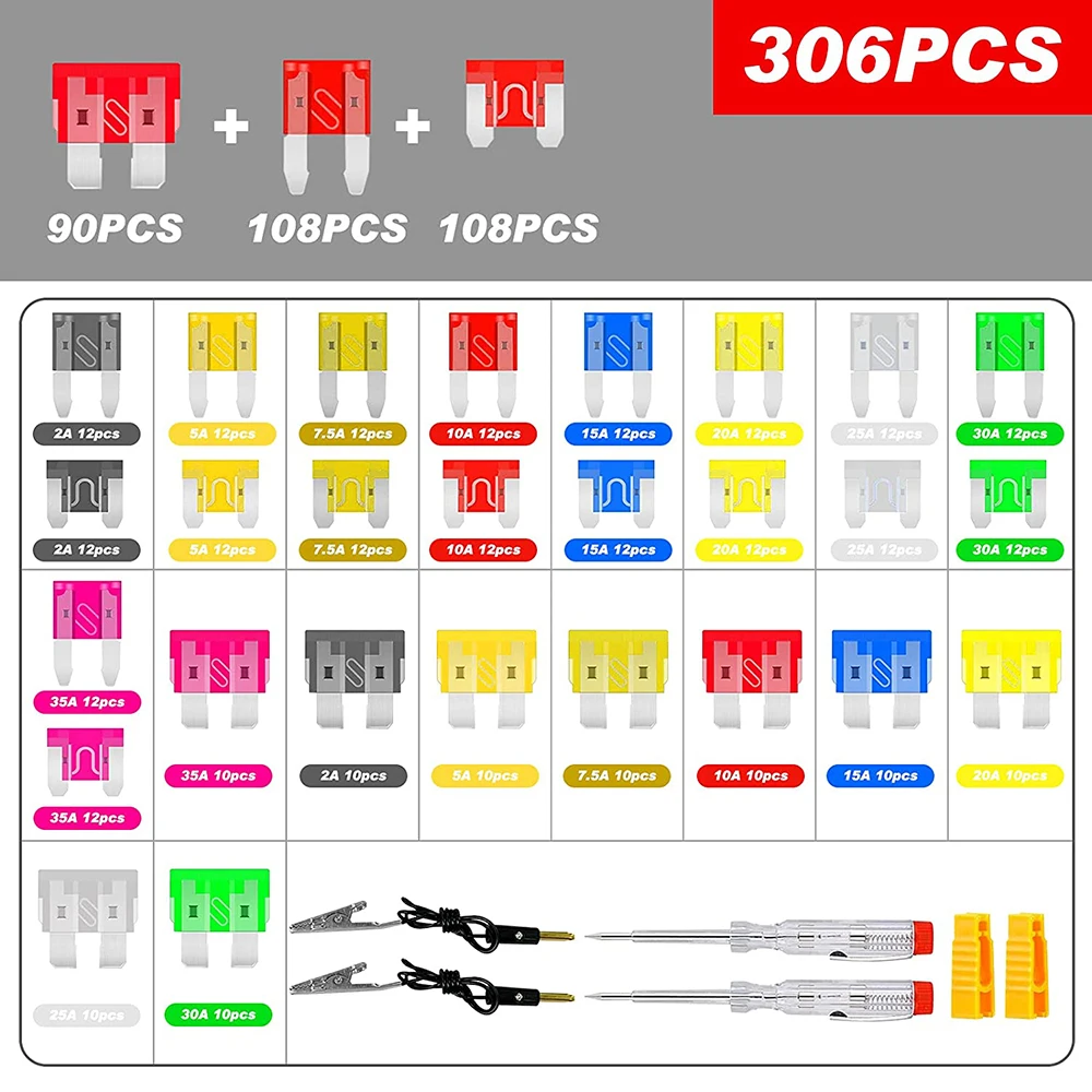 306pcs car blade fuse classification kit standard small and mini, with 2 fuse testers and 2 pullers suitable for cars and trucks