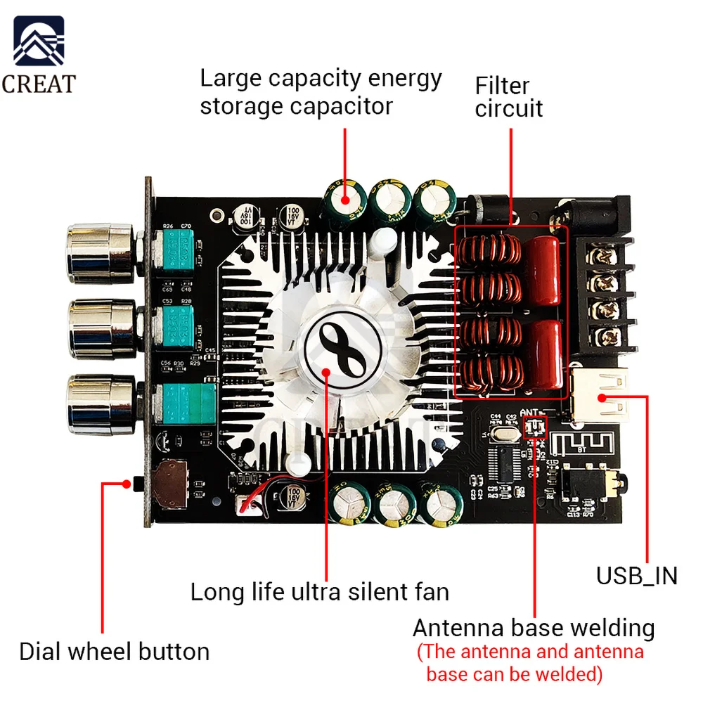 Imagem -03 - Módulo de Placa de Amplificador Zk1602t Tda7498e 160wx2 Alto e Baixo Ajuste Bluetooth Módulo de Placa de Amplificador de Potência de Áudio