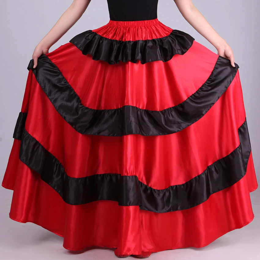 Adult Kids Gypsy Girls Women Spanish Flamenco Skirt Striped Satin Silk Big Swing Belly Dancing Red Skirt Team Performance