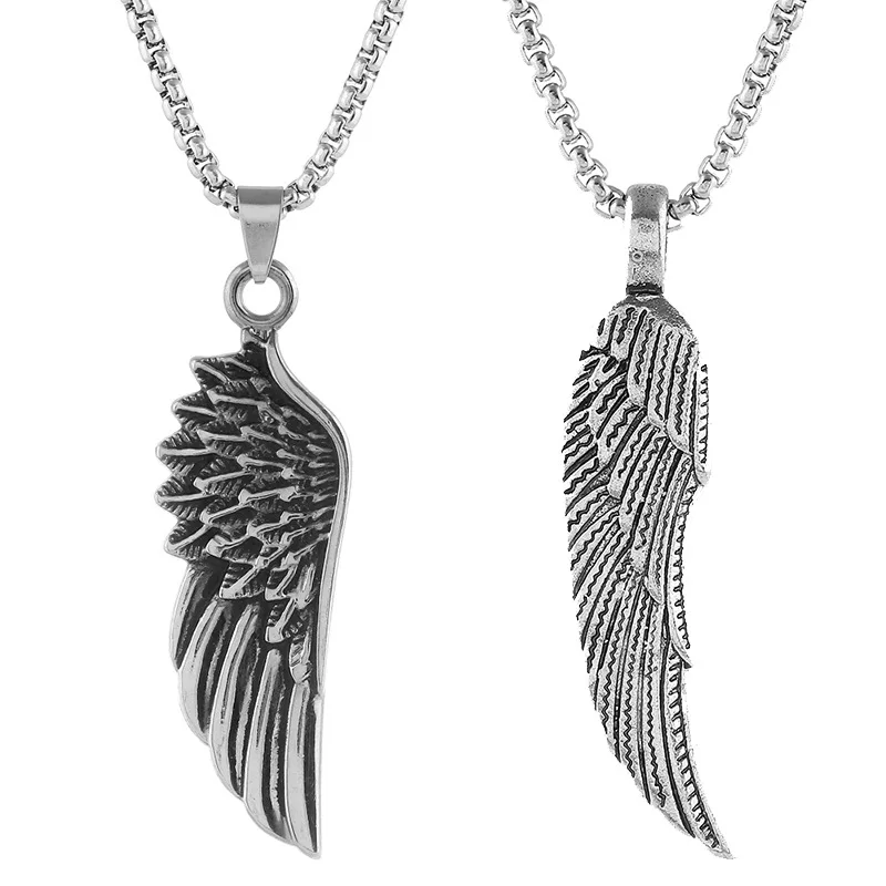 Personality Men\'s Women\'s Jewelry Vintage Cross Angel Wing Pendant Necklace  Long Stainless Steel Necklace Charms