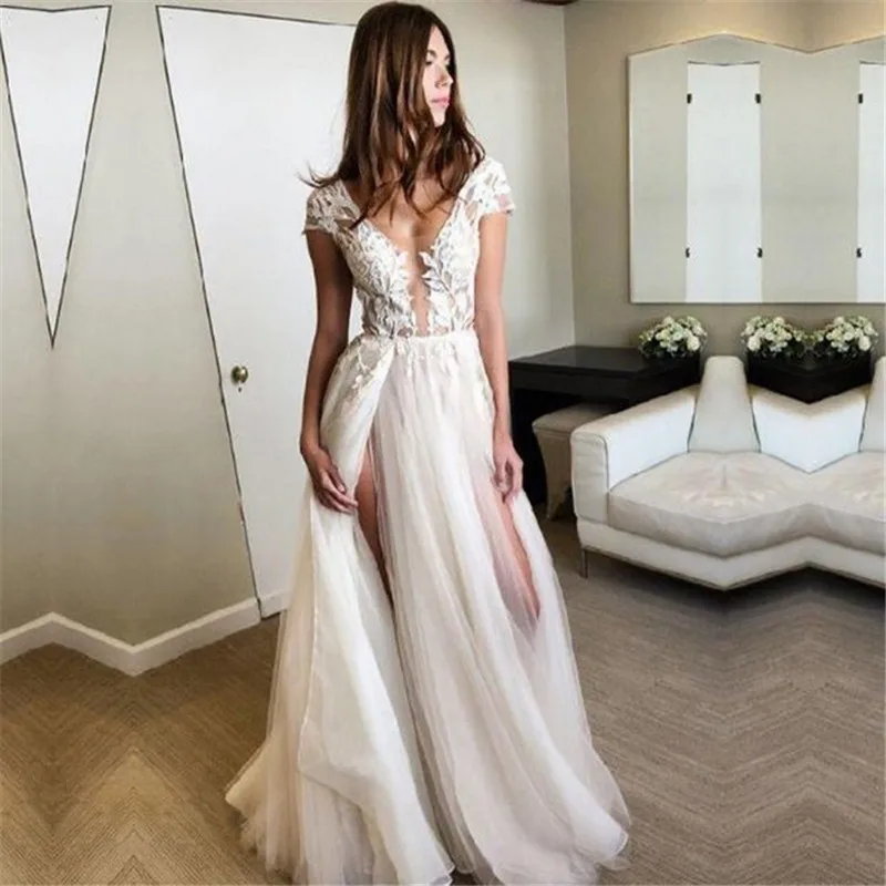 

Angelsbridep Deep V-Neck Tulle Wedding Dress 2021 Short Sleeves Vestidos De Noiva Charming Appliques Side Split Bride Dress