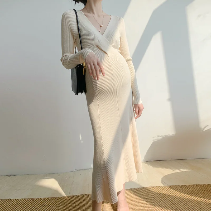 Maternity Gown Pregnancy Clothes Sweater Knitting Maternity Dresses V Collar Long Sleeve Loose Edge Outwear Dress Women Elegant