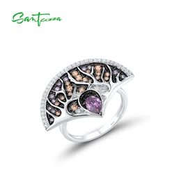 SANTUZZA Pure 925 Sterling Silver Rings For Women Sparkling Black Spinel Amethyst White CZ Fan Shape Ring Unique Fine Jewelry