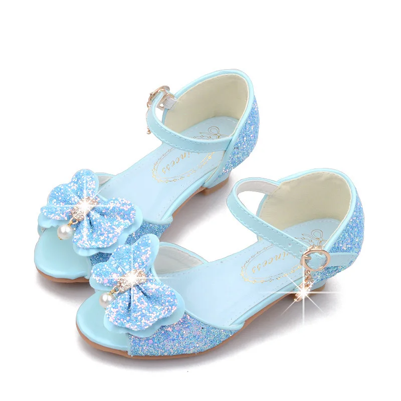 Girls Princess Shoes Shiny Children's High Heels White Show Leather Shoes New Summer Girls Bowtie Paillette Performance Sandals