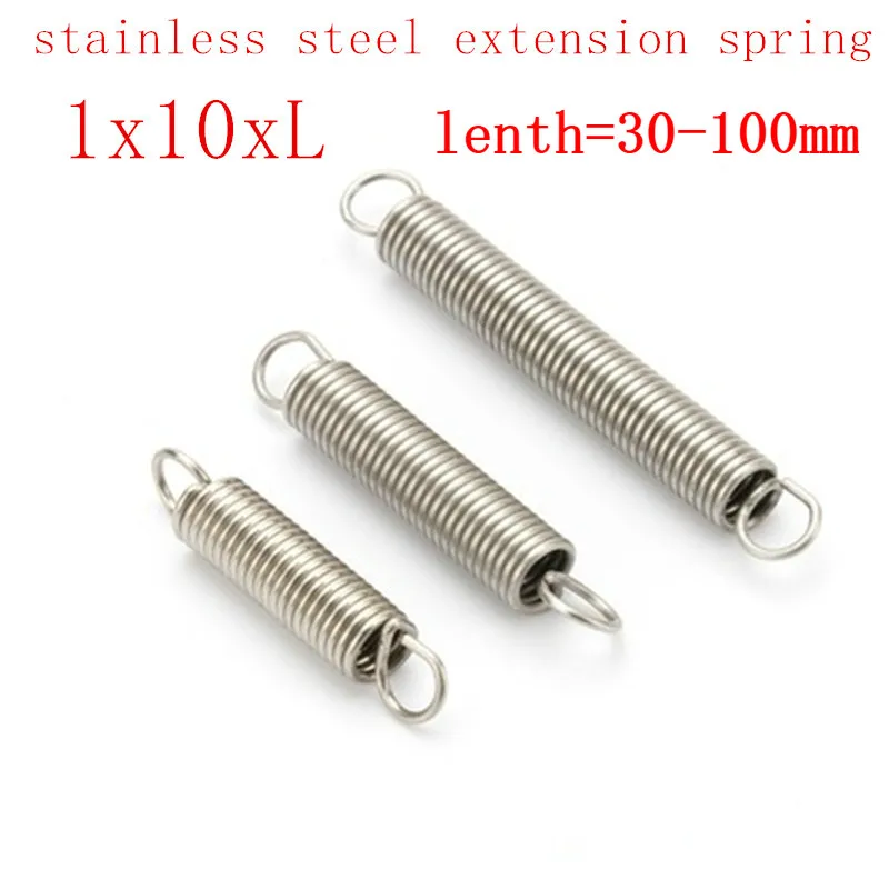 2pcs 1.0*10*L  1.0mm stainless steel Tension spring with a hook extension outer dia 10mm spring length 30mm to 150mm