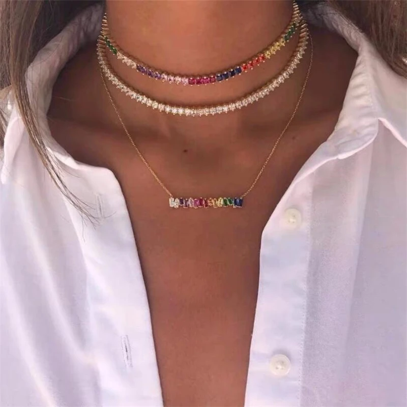 Sexy Short Gold Color Necklace With Rainbow CZ Chain Colorful CZ Charm Choker Tiny Link Chain Necklace Jewelry For Women Girl