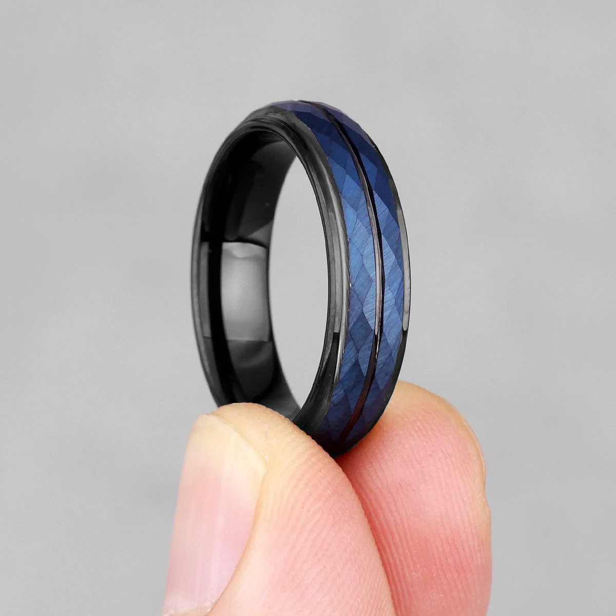 Tungsten Black Blue Rhombus Cut Mens Rings Simple Charm Luxury for Gentleman Male Boyfriend Jewelry Creativity Gift Wholesale