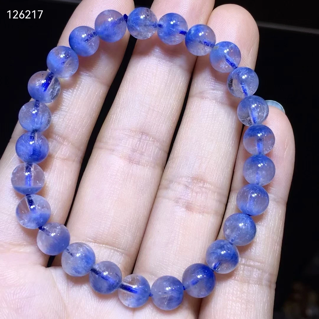 

7.2mm Natural Blue Rutilated Dumortierite Quartz Clear Round Beads BraceletFor Women Men Fashion Wealthy AAAAAA