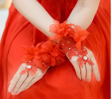 New Style Elegant Red White Evening Prom Accessories Gloves Short Design Flower Decoration Wedding Bridal Gloves