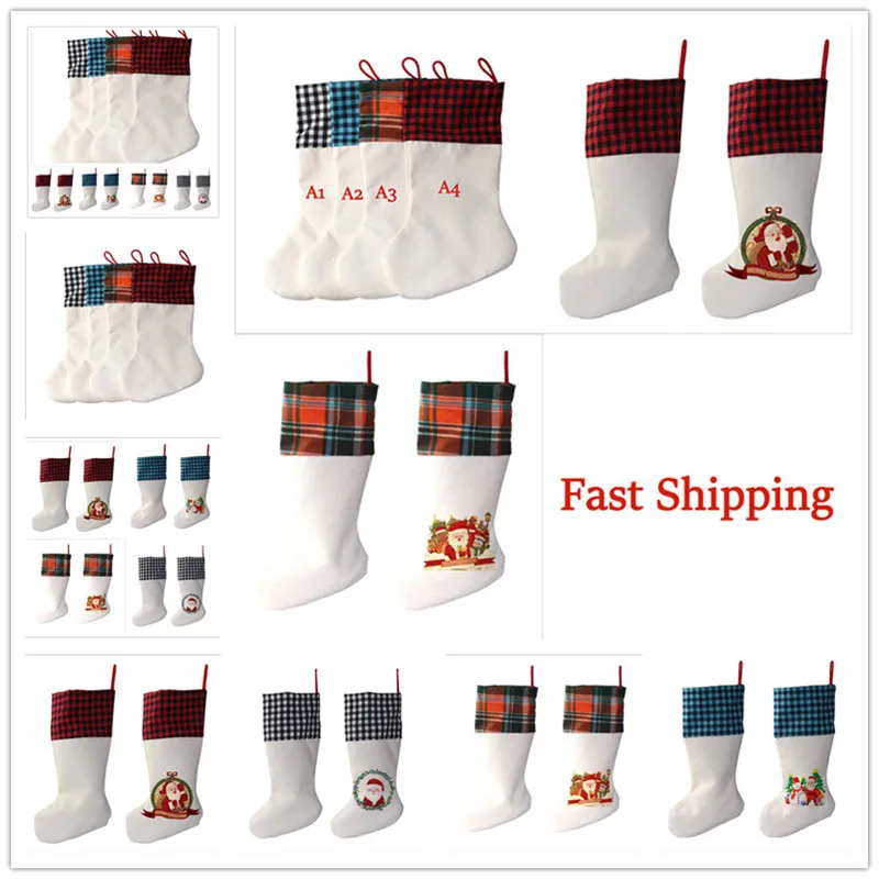 20pcs/Lot White Sublimation Christmas Plaid Stocking Xmas Tree Hanging Pendant Candy Bag For Family Christmas Party Decor