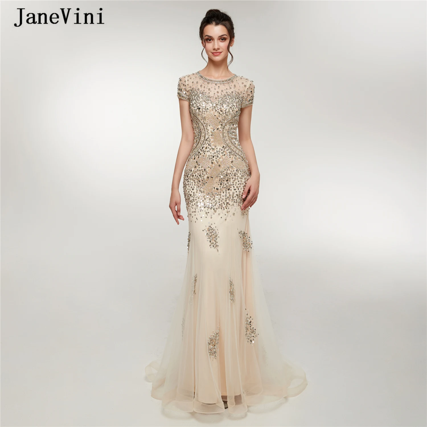 

JaneVini Luxury Beading Dubai Tulle Long Prom Dresses O-Neck Sexy Mermaid Short Sleeves Illusion Back Women Formal Party Gowns