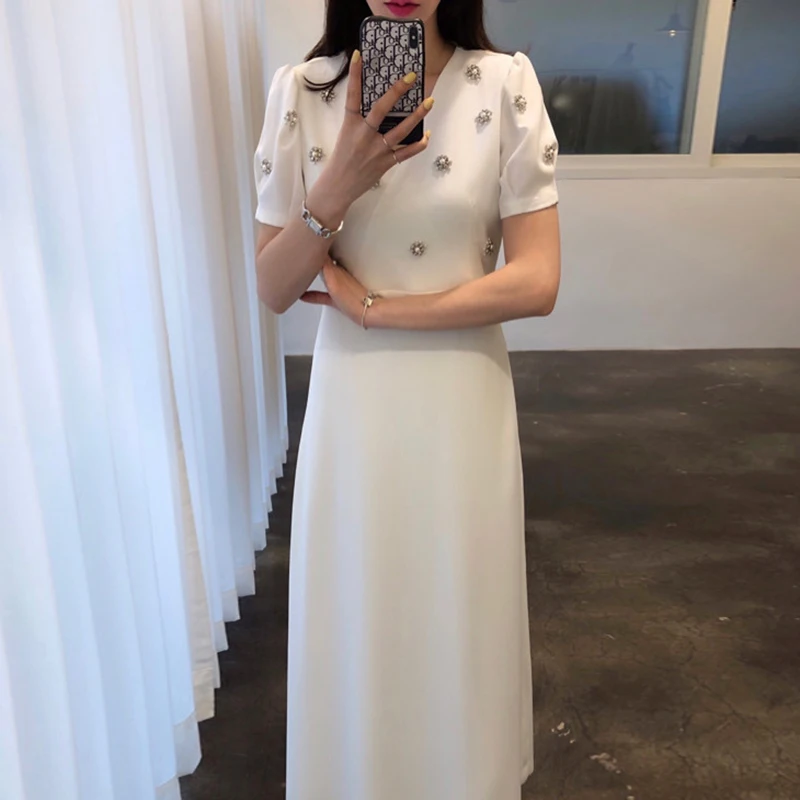 SMTHMA 2022 New Fashion Chic Summer New Women Casual Retro Bead Dress Female Vintage Elegant white Long Dresses Vestidos