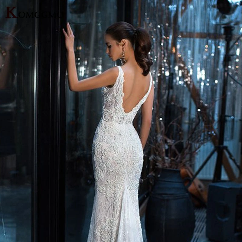 Elegante V-hals Borduren Applicaties Tulle Mouwloze Zeemeermin Trouwjurk Luxe Backless Afneembare Trein 2 In 1 Bruidsjurk