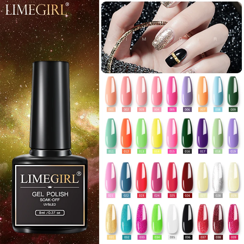 Limegirl 60/40 Pcs Gel Nail Polish Set Color Glitter Semi Permanent Hybrid Gel Varnish Base Top Coat Soak Off UV LED Nail Art