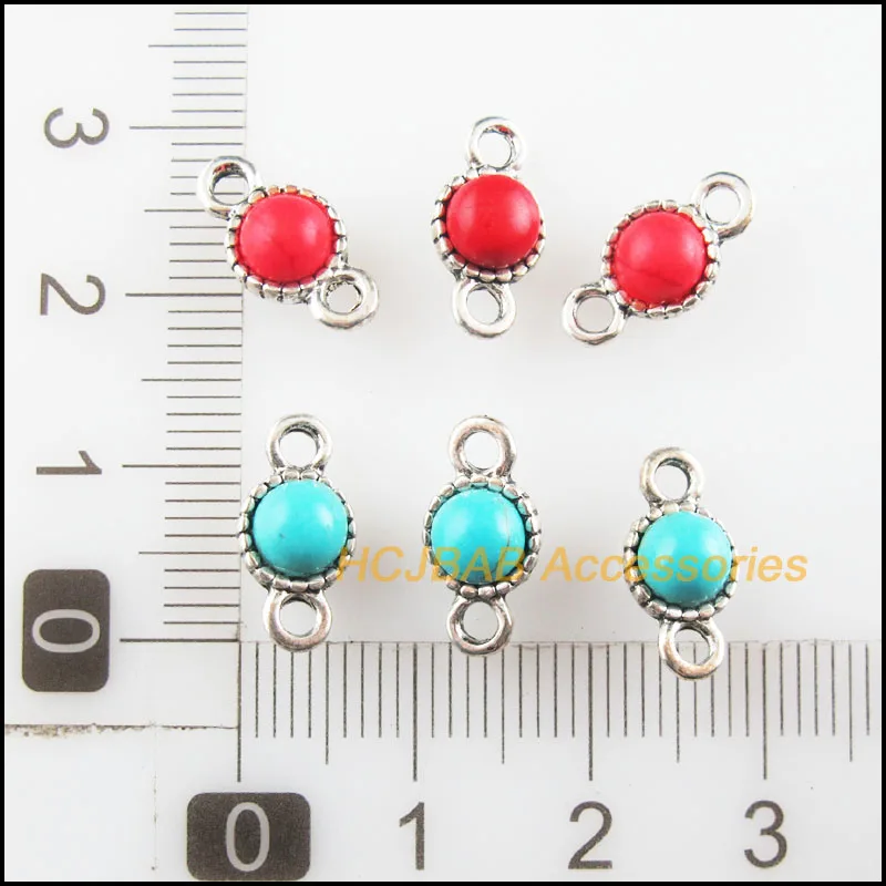 티베트 실버 톤 꽃 라운드 참 커넥터, 레드 & 블루 스톤, 7x13.5mm, 20 개