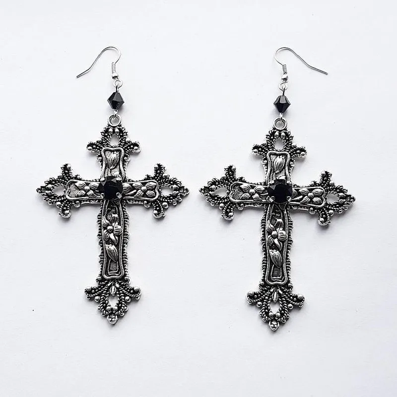 Gothic Large Detailed Cross Black Drill Jewel Earrings Punk Halloween Jewellery Creativity Fashion Gorgeous Statement Women Gift