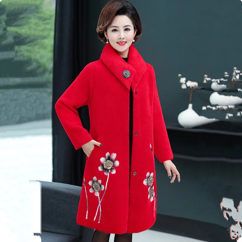 UHYTGF Quality mink cashmere autumn winter wool coat women embroidered noble cashmere warm long jacket thick Big size coats 633