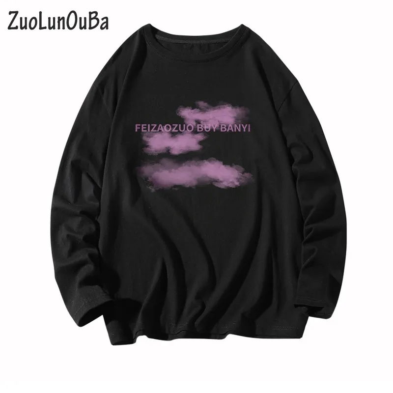 

ZuoLunOuBa Spring Summer Casual Men Black Cloud Letter T Shirt Loose Long Sleeve T Shirt Tops