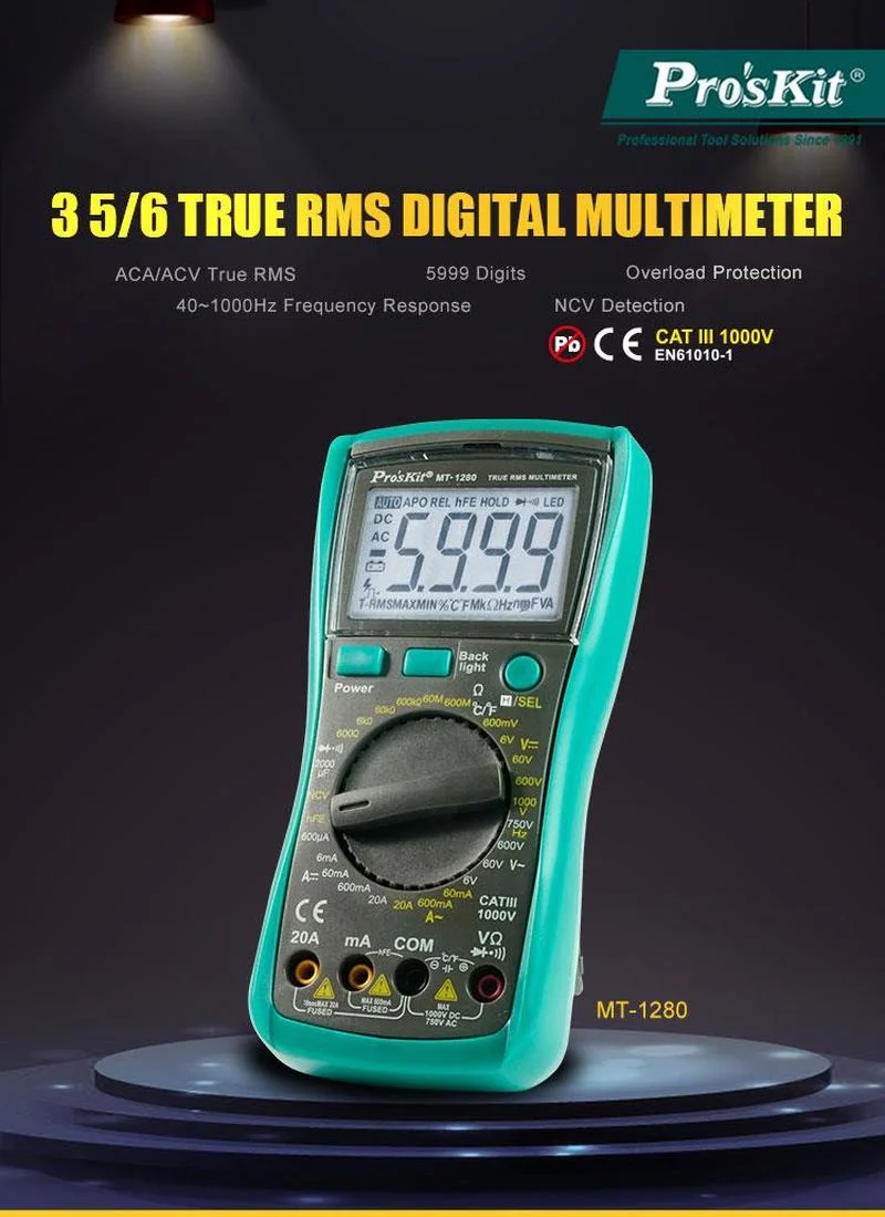 

Pro'skit MT-1280 3 5/6 true RMS high precision automatic digital display anti-burning multimeter Capacitance Temperature test