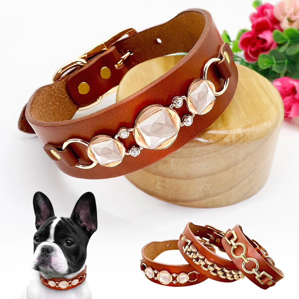 Leather Dog Collar Durable Real Leather Dogs Collars Bling Rhinestone Cool Metal Dog Accessories for Small Medium Dogs