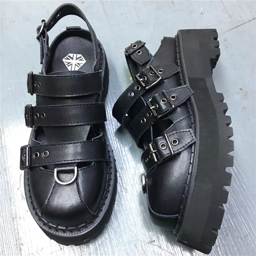 

2020 New Japanese Retro Punk Style Multi Buckle Lolita Goth Shoes Women's Hollow Sandals Thick Soled Dark Lolita Gothic Shoes