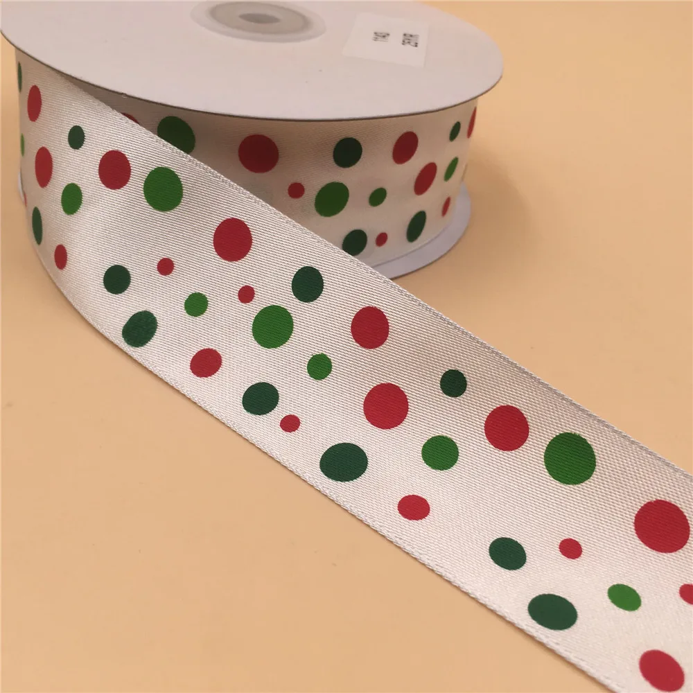 

38MM 25yards Wired Edge White Ribbon Red/Green Polka Dots for Festival Christmas Decoration New Year Gift Wrapping