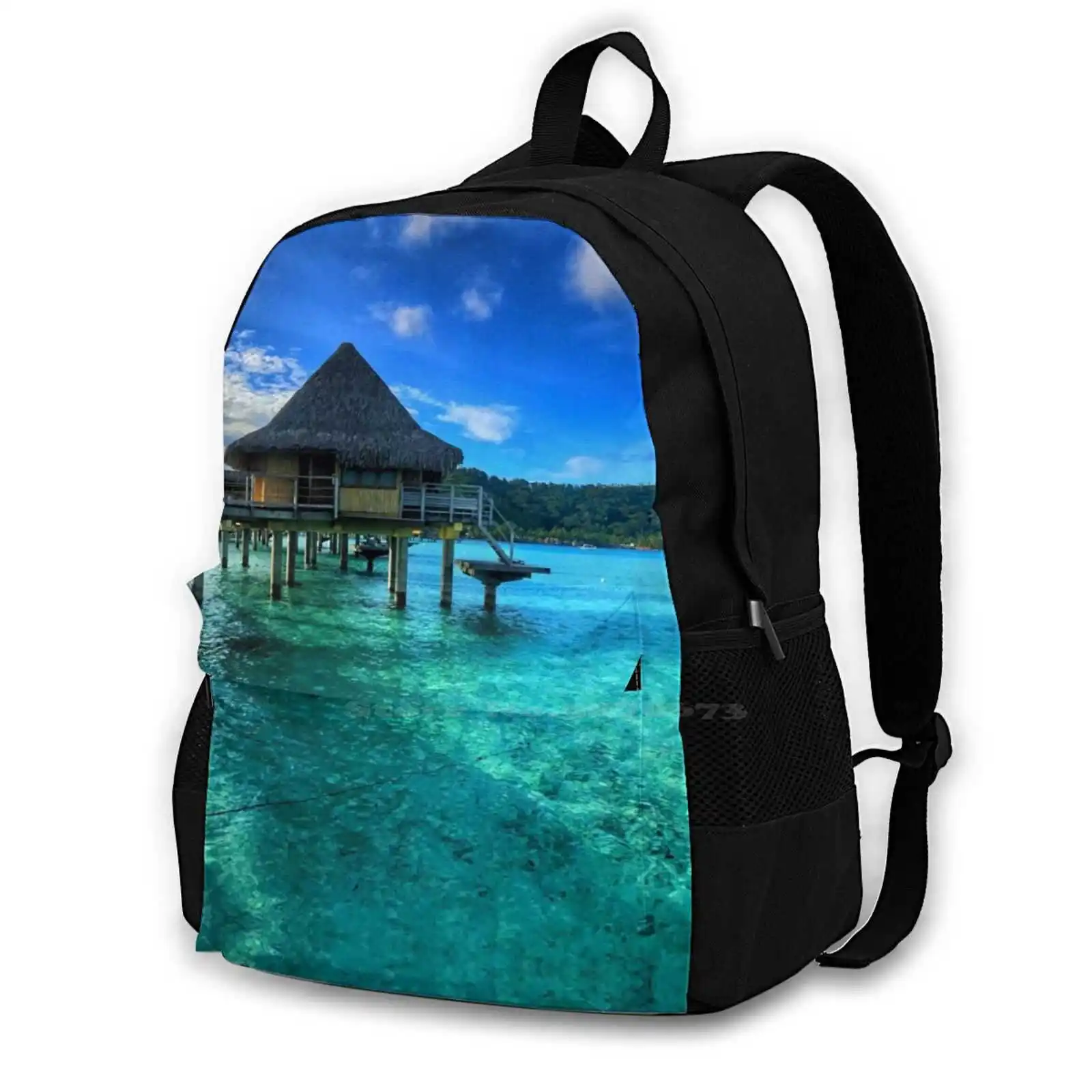 Bungalo’S In - Pattern Design Bagpack School Bags Bungalo Water Ocean Topical Fish Island Travel Vacation Relaxation