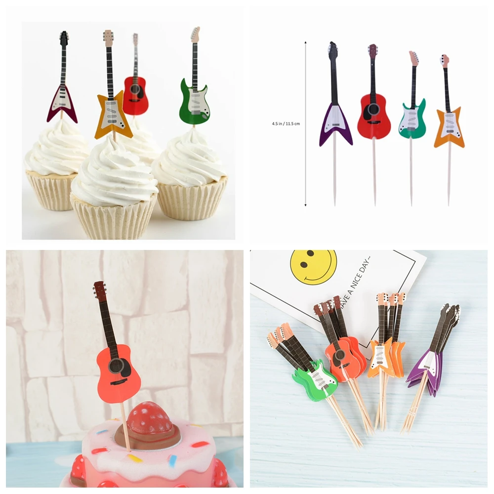 24Pcs Guitar Rock Music Theme Cake Cupcake Toppers Happy Birthday Wedding Party Baby Shower  Cake Inserts Sticks Cake Decor