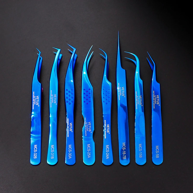 Stainless Steel Lash Tweezers For Volume Eyelash Extension Blue VETUS Tweezers High Precision Anti-static Beauty Makeup Tool