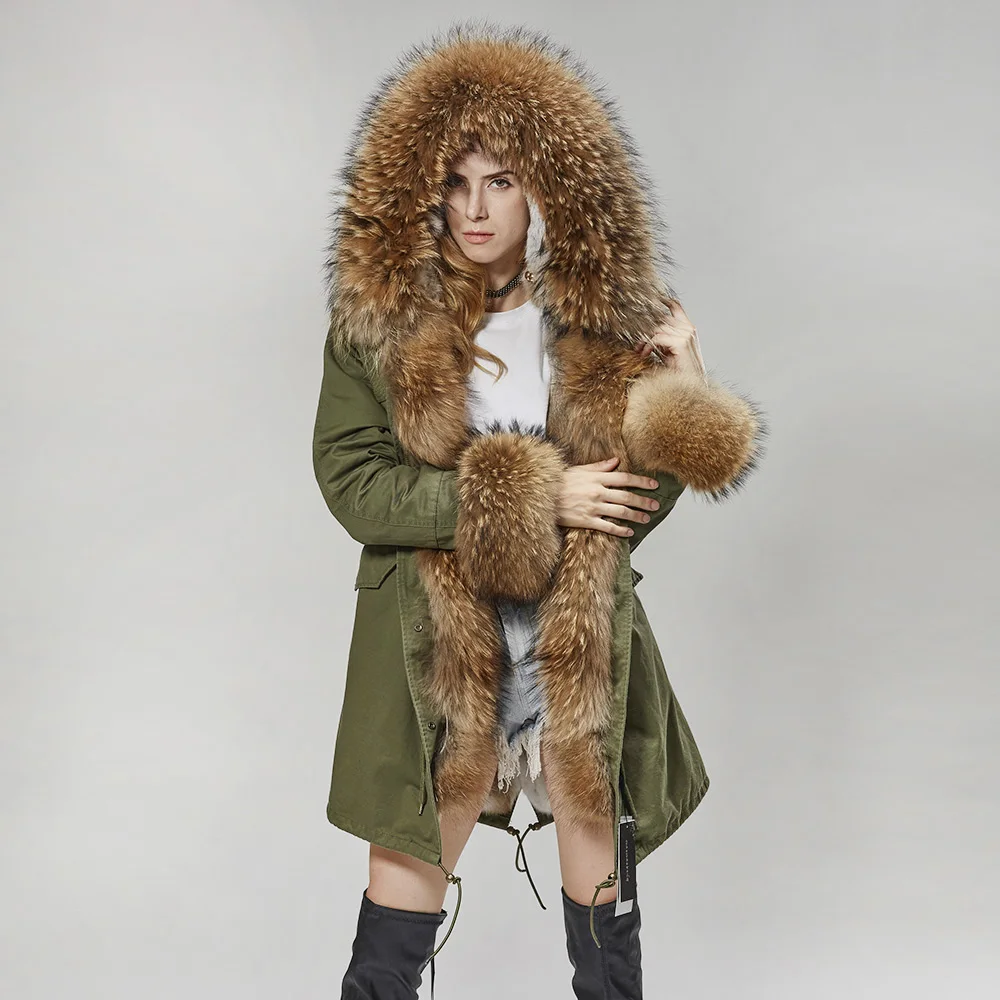 MMK-Parka longue à capuche en fourrure de lapin pour femme, manteau chaud, grande veste, doublure, fourrure de raton laveur, mode, hiver, vert armée, saison, ja