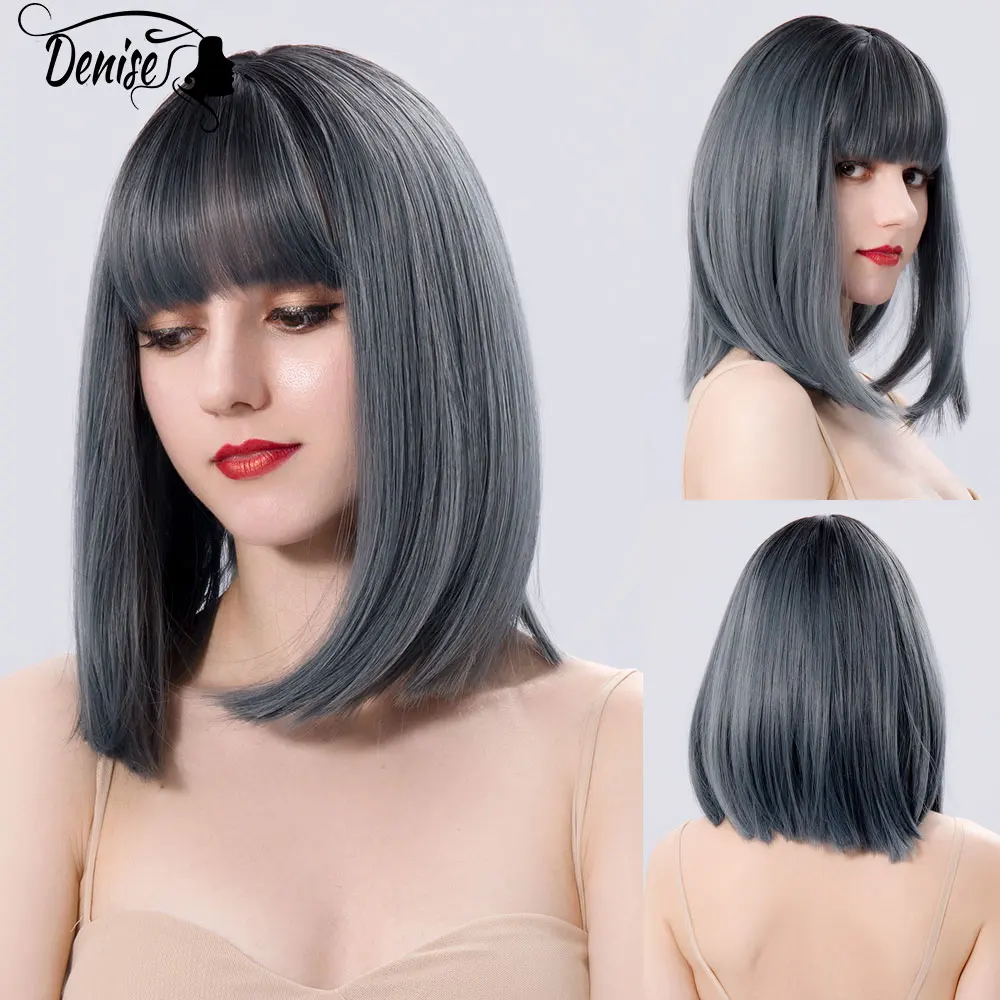 Gray Medium Straight Daily Hair Nutural Synthetic Wigs For Women With Bangs Heat Resistant Cosplay Wavy Female Colored Fiber Wig