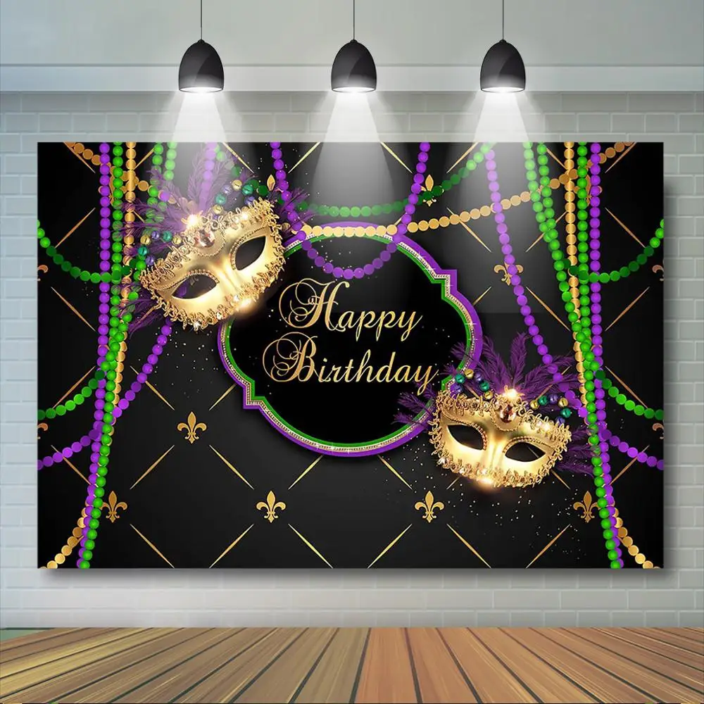 

Masquerade Party Backdrop Gold Mask with Feather Purple Green Pearls Background Mask Birthday Dancing Party Decoration