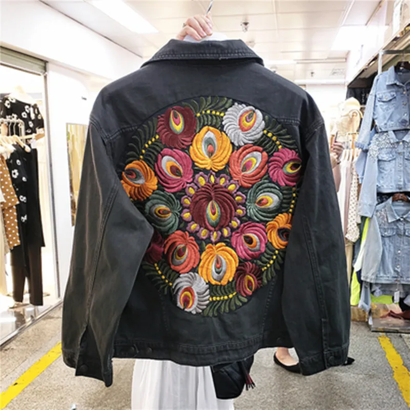 Oversized multi floral Embroidered Denim Jacket long sleeve casual chic jacket coat women 2023 new Arriva Spring coat Girl