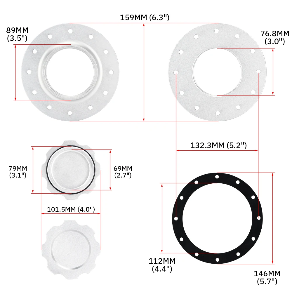 PQY - Billet Aluminum Fuel Cell / Surge Tank Cap with 12 bolting holes with 3\'\' I.D.Opening For RI  fuel cells PQY-SLFCC-01SL
