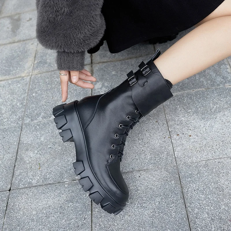 

MEZEREON Ladies Buckle Shoes Cow Leather Short Boots Warm Plush Winter Shoes Thick Bottom Platform Footwear With Zipper