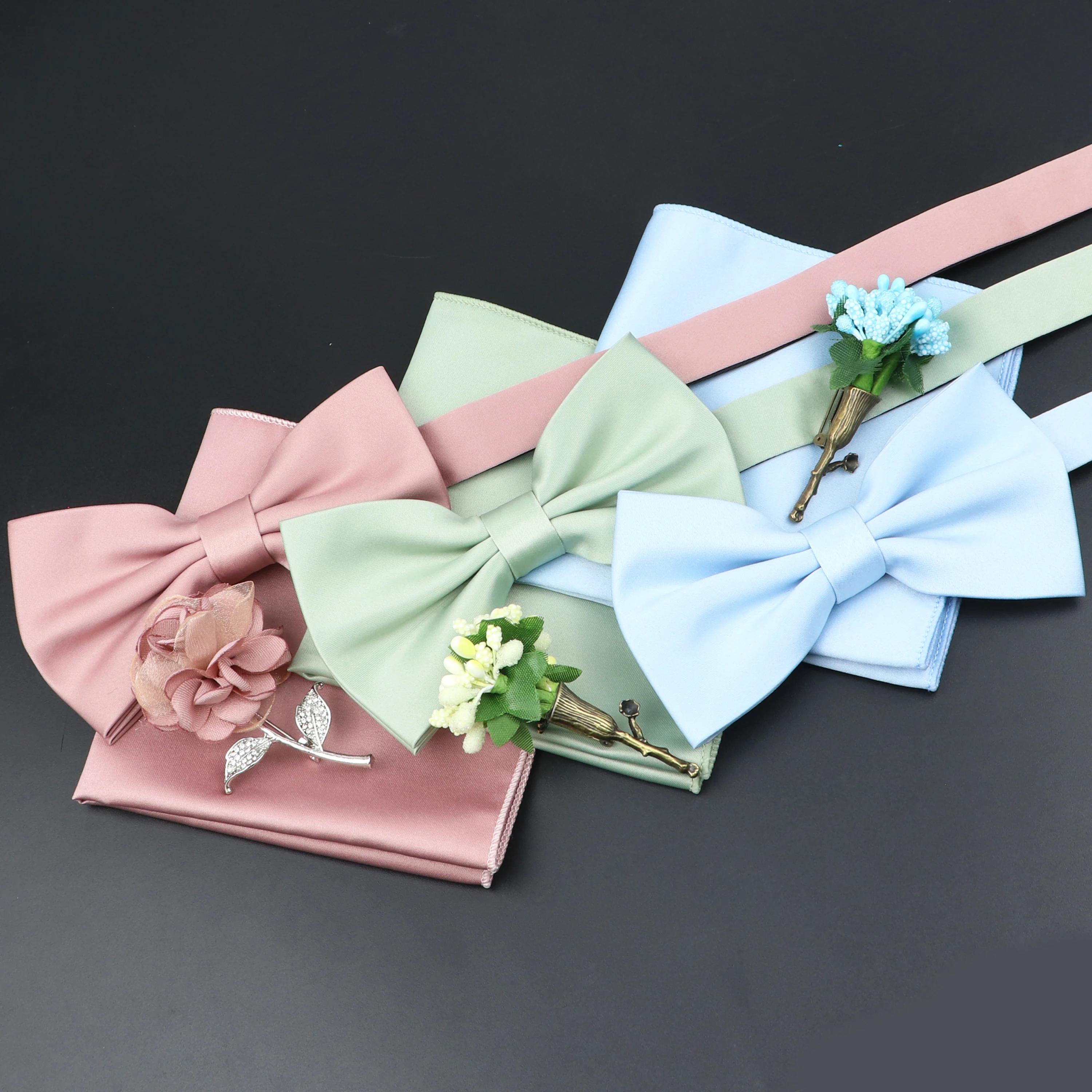 남성용 웨딩 나비 넥타이 브로치 세트, 로맨틱한 단색 실크 폴리에스테르 자카드 우븐 나비 넥타이 라펠 핀, Hanky 남성용 선물 액세서리