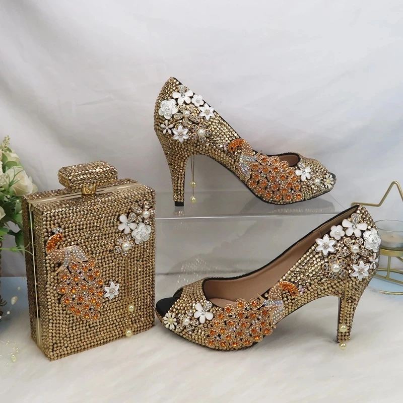 Champagne Gold Crystal Women Sandals Open Toe Bride Wedding Shoes and Bag set Peacock Flower Peep Toe High Heels Handbag Pumps