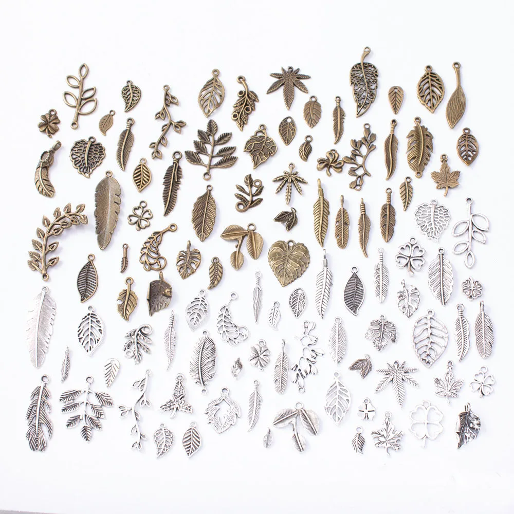 

50pcs/lot Mixed retro style leaf charms Antique bronze color Metal leaf charms Plant Pendant for Jewelry Making