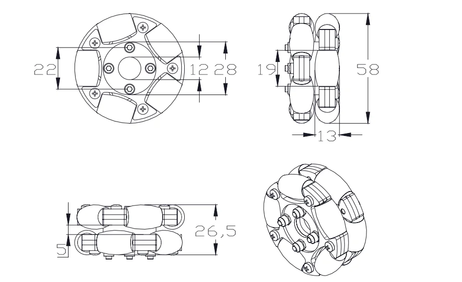 Roue métallique en alliage d'aluminium avec mouvement omnidirectionnel, plate-forme Ros, robot omnidirectionnel, charge de 15kg, 58mm, 82mm