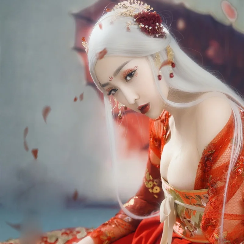 WYJN Red Bedroom Sexy Privacy Photography Album Sleeping Wear Temptation Intimacy Tang Dynasty Costume Stage Show NightBar Hanfu