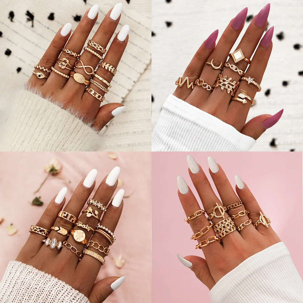 Fashion Geometric Moon Finger Rings Set For Women Crystal Eye Flower Butterfly Chain Knuckle joint Ring 2021 Bohemian Jewelry