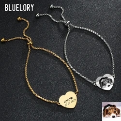 Bluelory Custom Engrave Pet Photo Name Adjustable Bracelet Personalized Stainless Steel Heart Bangle For Women