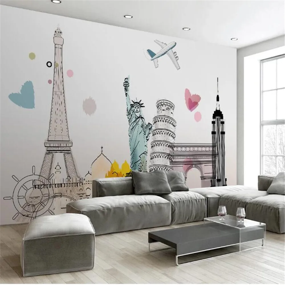 Milofi custom large wallpaper wallpaper hand-painted Eiffel Tower Statue of Liberty background wall painting