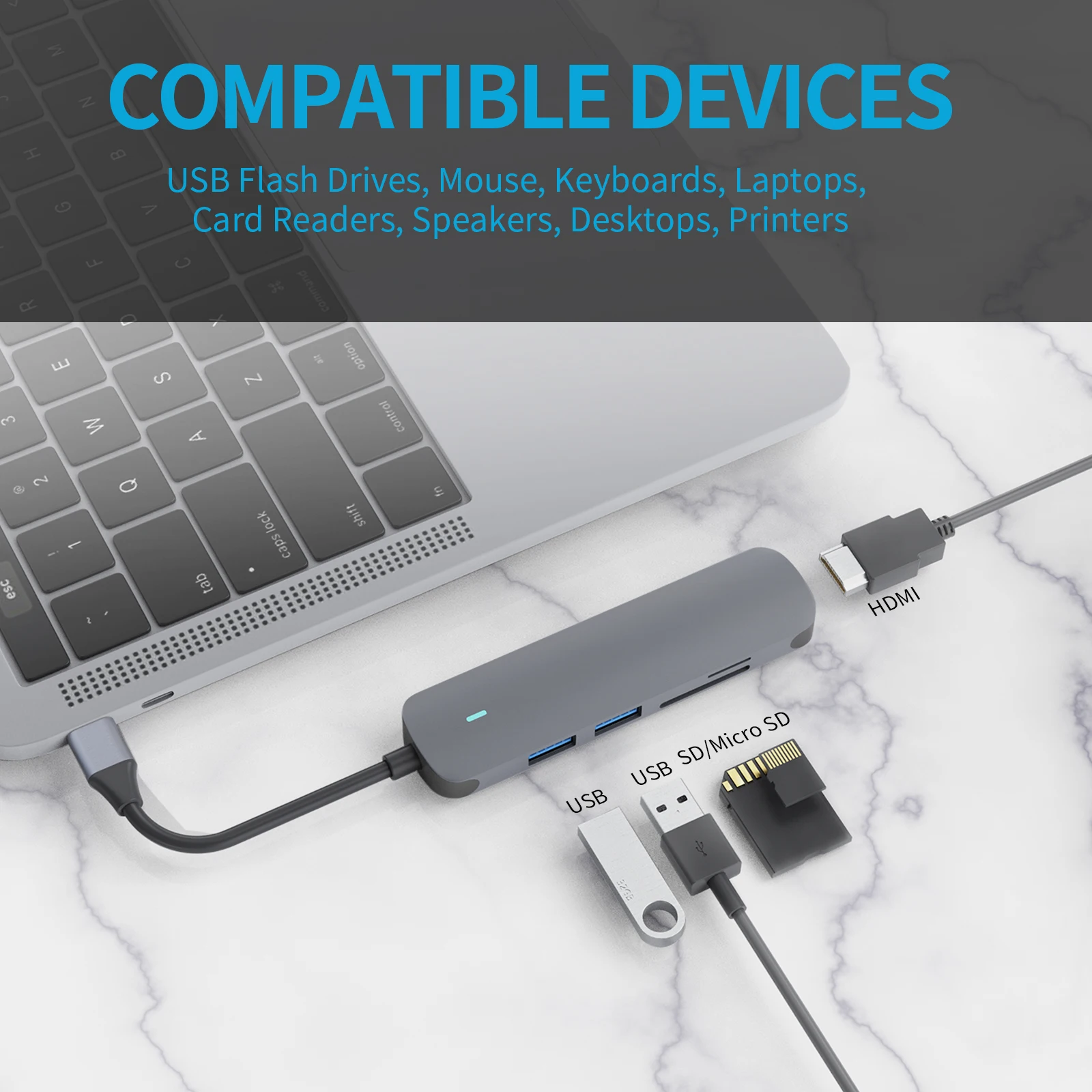 HUO JI – Hub USB type-c vers HDMI 5 en 1, adaptateur avec sortie HDMI 4K, Compatible avec lecteur de carte SD/TF, USB 3.0