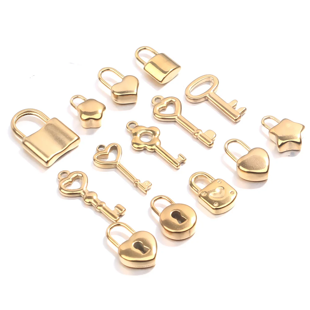 5pcs/lot Stainless Steel Gold Lock Key Charms Couple Love Pendants for Diy Hip Hop Necklace Bracelet Jewelry Makings Wholesale